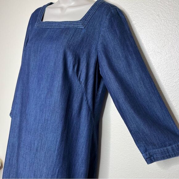 Talbots Square Neck Denim Shift Dress Blue Cotton Chambray 3/4 Sleeve Women 8 - Picture 5 of 13
